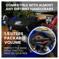 Handlebar bag on a dirt bike with text highlighting compatibility and features