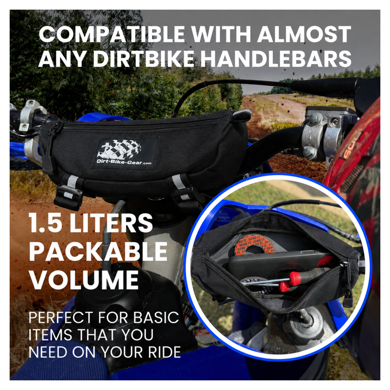 Handlebar bag on a dirt bike with text highlighting compatibility and features