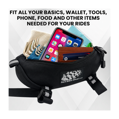 Handlebar bag with phone, wallet, and tools on a white background