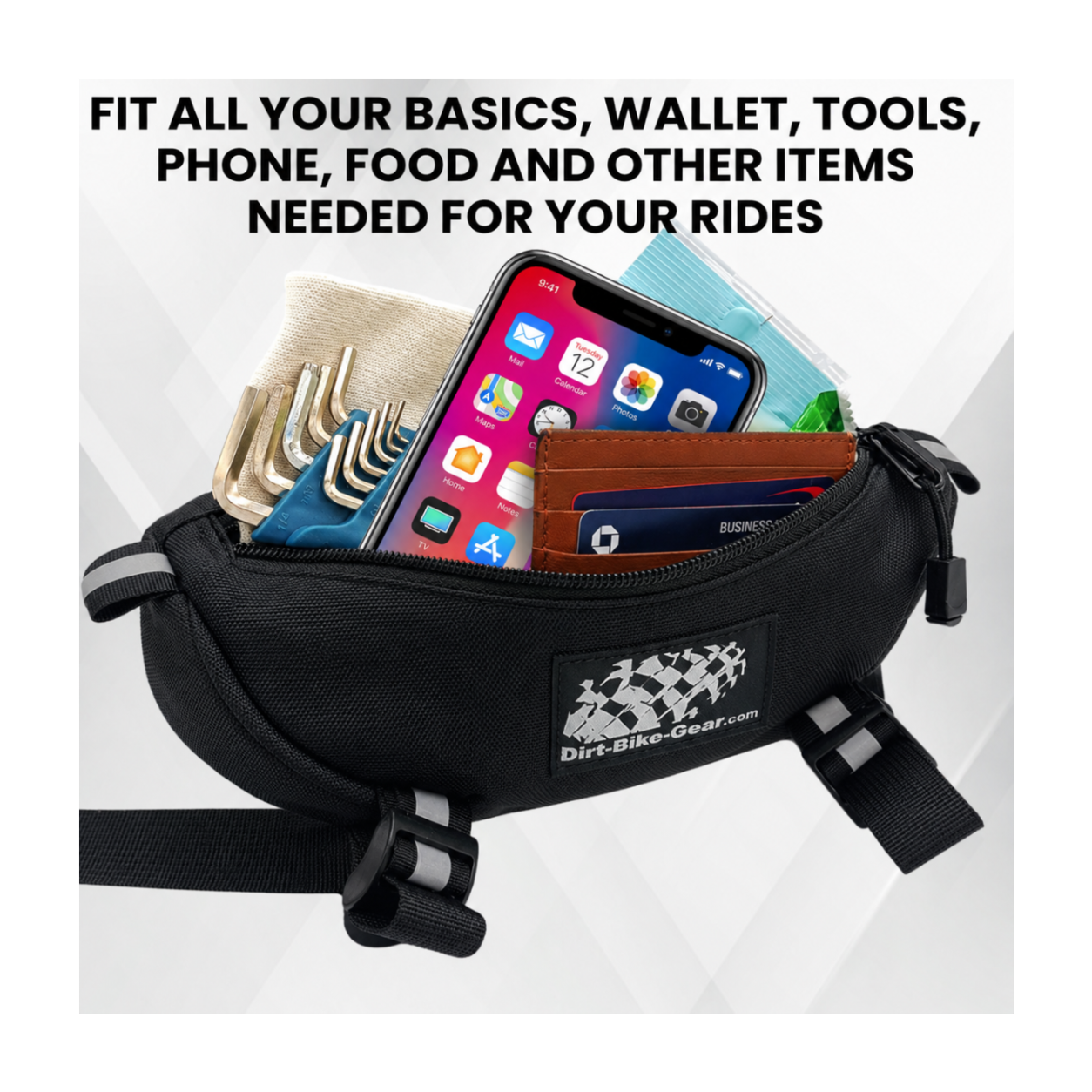 Handlebar bag with phone, wallet, and tools on a white background