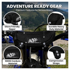Dirt bike handlebar bag with features highlighted on a blurred mountain background