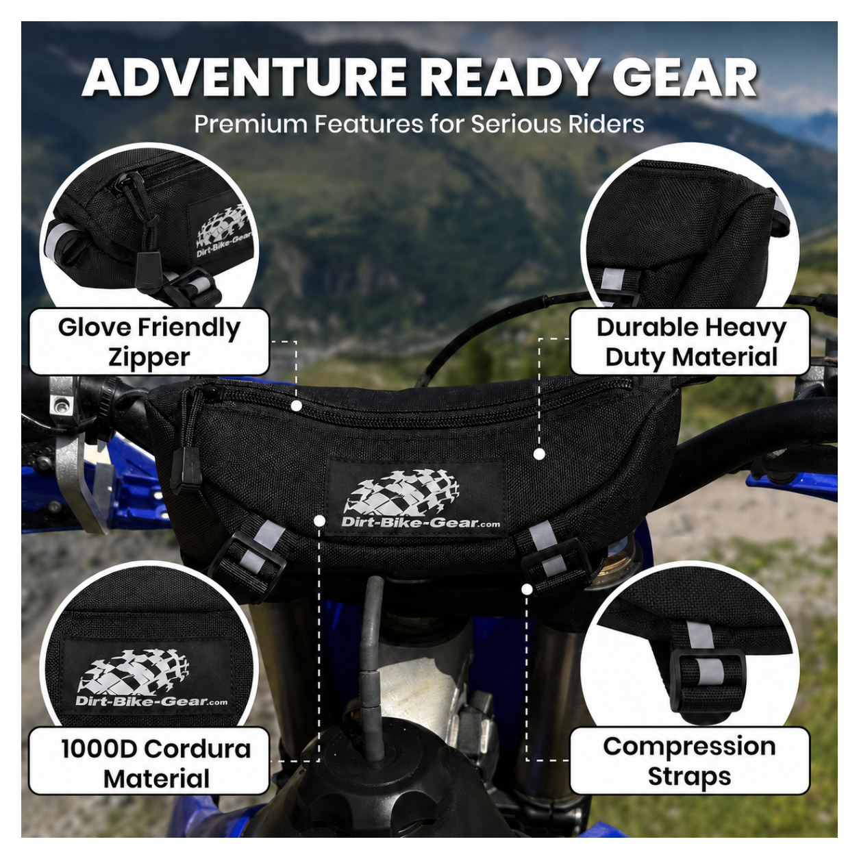 Dirt bike handlebar bag with features highlighted on a blurred mountain background
